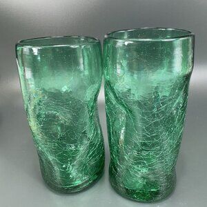 Vintage Crackle Green Glass Tumbler Pinched Dimpled Tumblers Cups Glasses Set 2